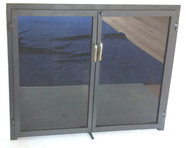 falmouth square all black finish, twin doors with polished brass wire handles, slide mesh spark screen